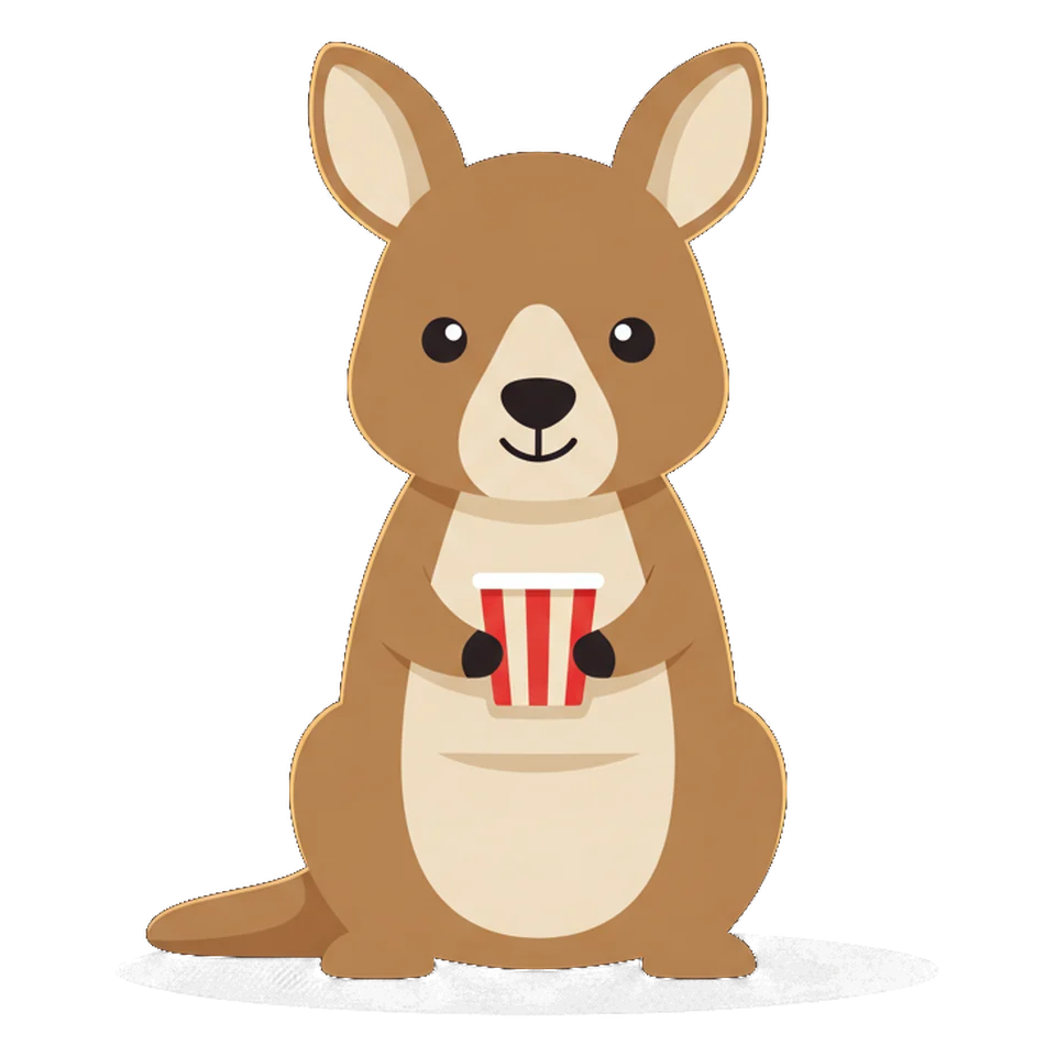 The Watchwalla wallaby, sitting up with a bucket of popcorn